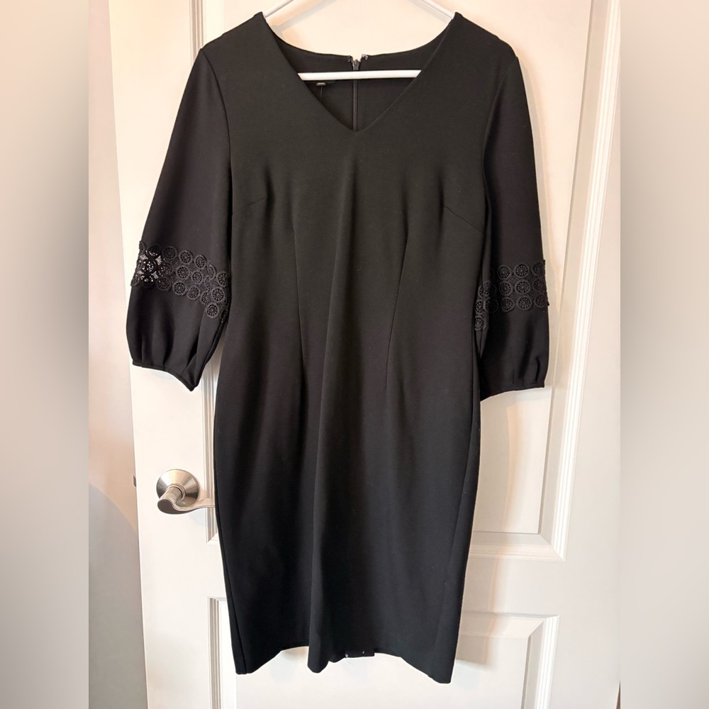Talbots Black V-Neck Midi Dress with Embroidered Sleeve Detail